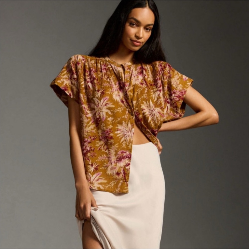 Pilcro‎ Anthropologie Gold & Orange Batwing Top w/ Mandarin Women’s Sz S/M